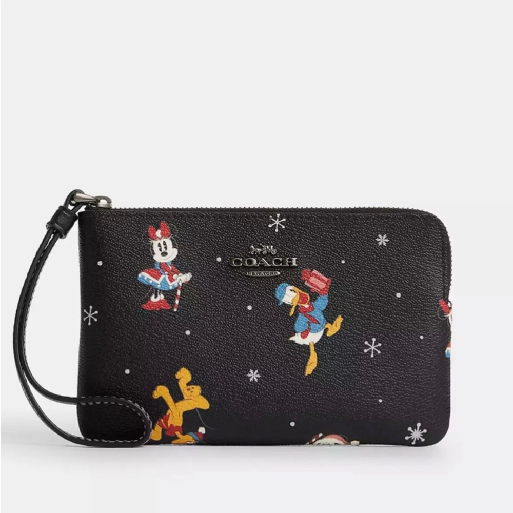 Disney X Coach Corner Zip Wristlet With Holiday Print Christmas Mickey